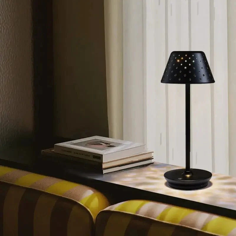 Cordless rechargeable LED table lamp with metal shade and touch base for apartment dwellers