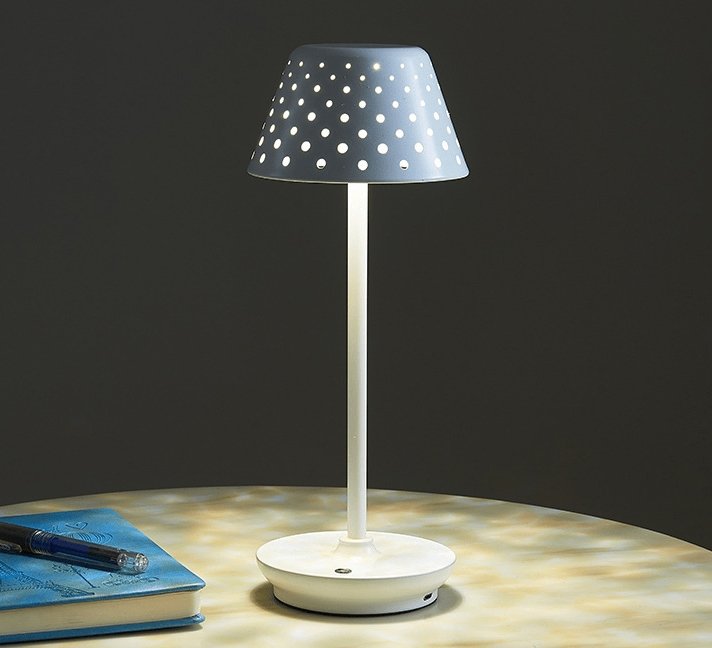 Cordless rechargeable LED table lamp with metal shade and touch base for apartment dwellers