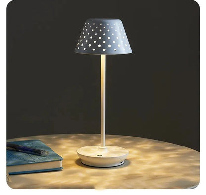 Cordless rechargeable LED table lamp with metal shade and touch base for apartment dwellers