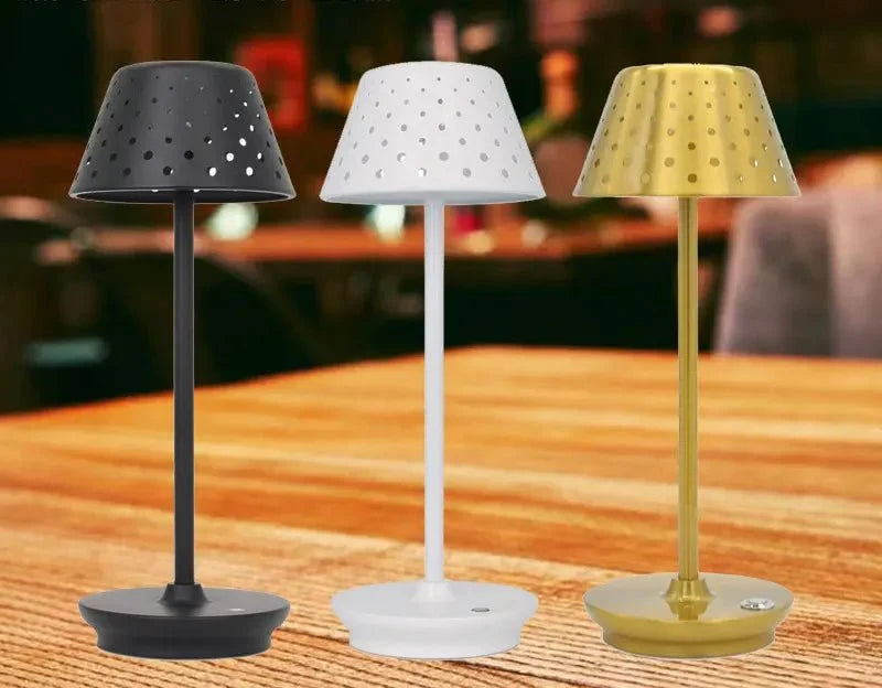 Cordless rechargeable LED table lamp with metal shade and touch base for apartment dwellers