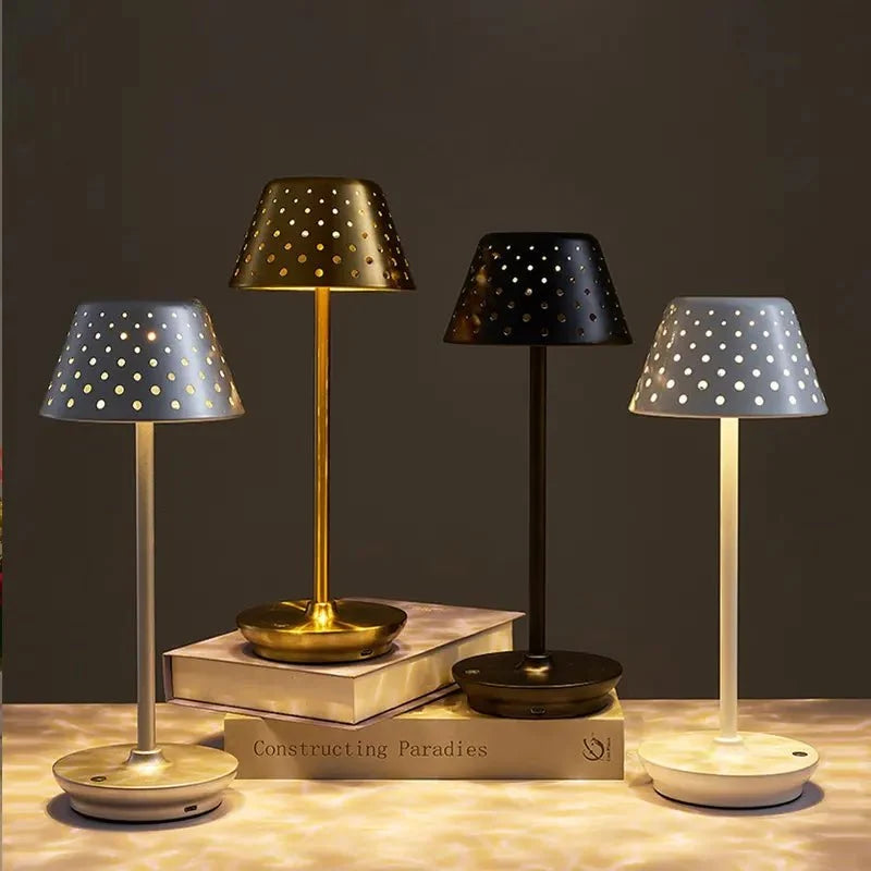 Cordless rechargeable LED table lamp with metal shade and touch base for apartment dwellers