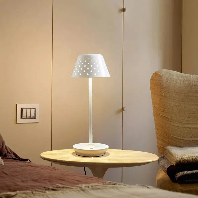 Cordless rechargeable LED table lamp with metal shade and touch base for apartment dwellers