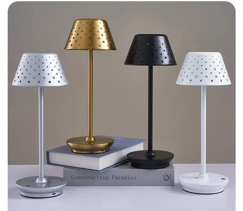 Cordless rechargeable LED table lamp with metal shade and touch base for apartment dwellers