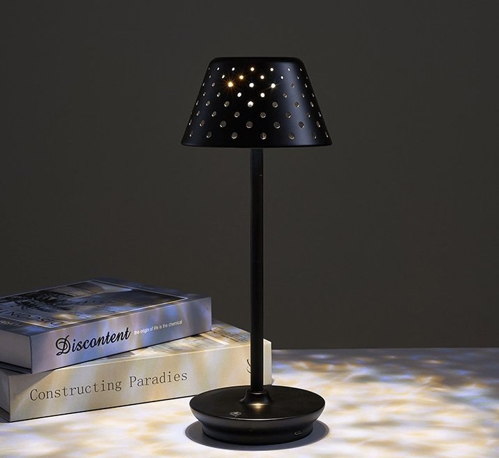 Cordless rechargeable LED table lamp with metal shade and touch base for apartment dwellers