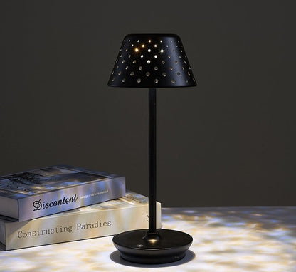 Cordless rechargeable LED table lamp with metal shade and touch base for apartment dwellers
