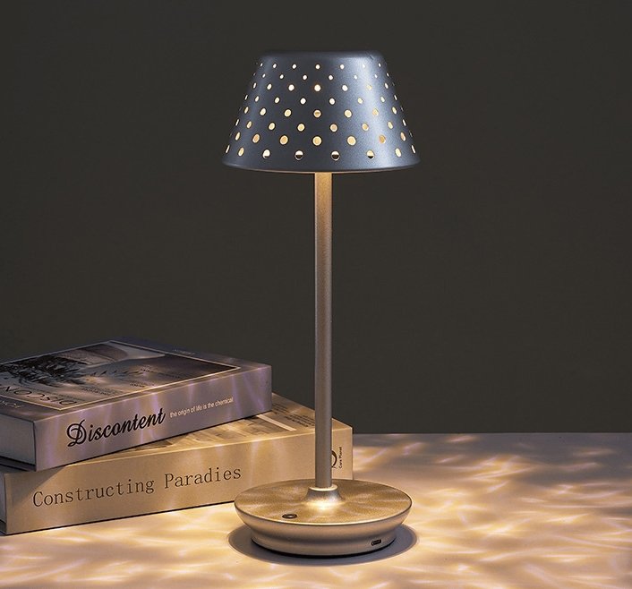 Cordless rechargeable LED table lamp with metal shade and touch base for apartment dwellers