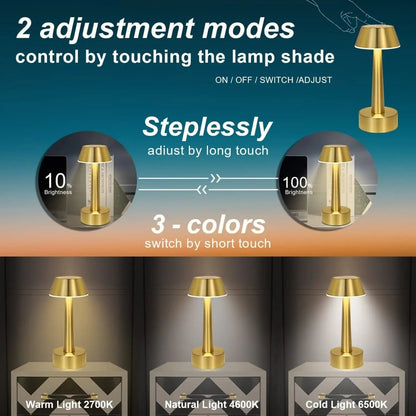 Cordless rechargeable table lamp with touch dimmer for camping and outdoor use