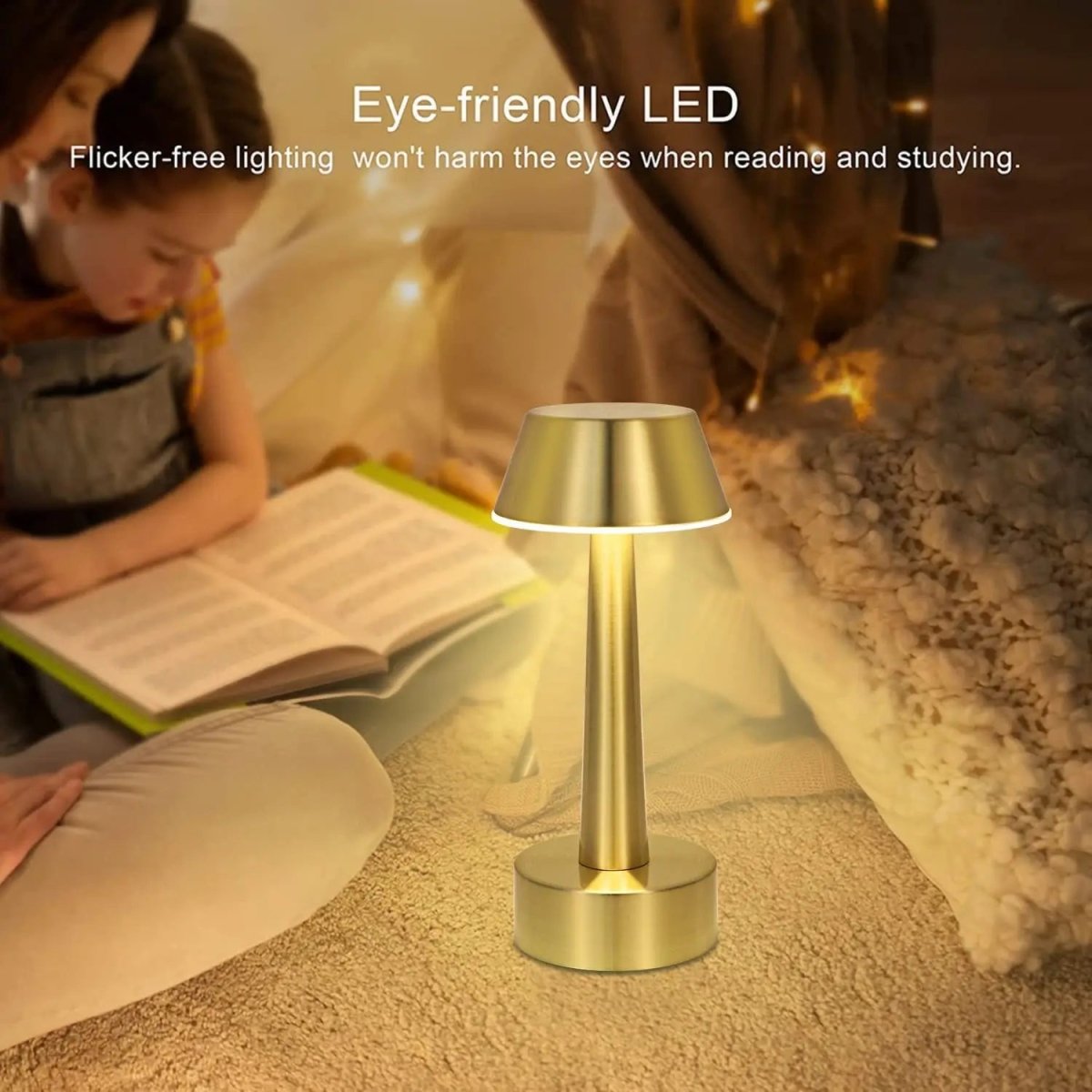 Cordless rechargeable table lamp with touch dimmer for camping and outdoor use