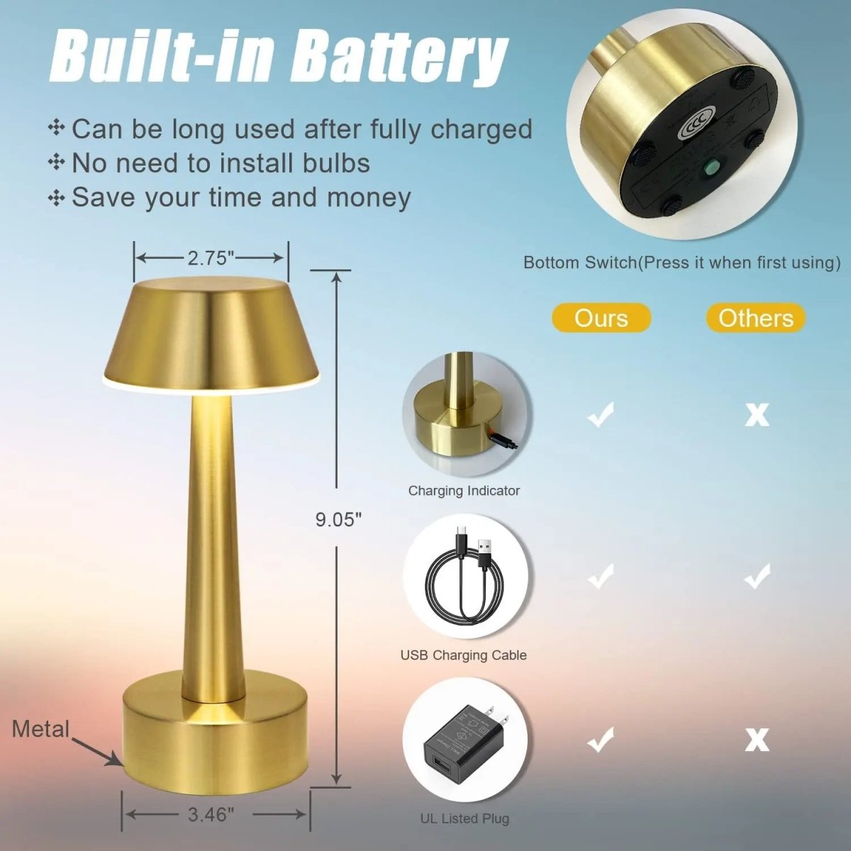 Cordless rechargeable table lamp with touch dimmer for camping and outdoor use
