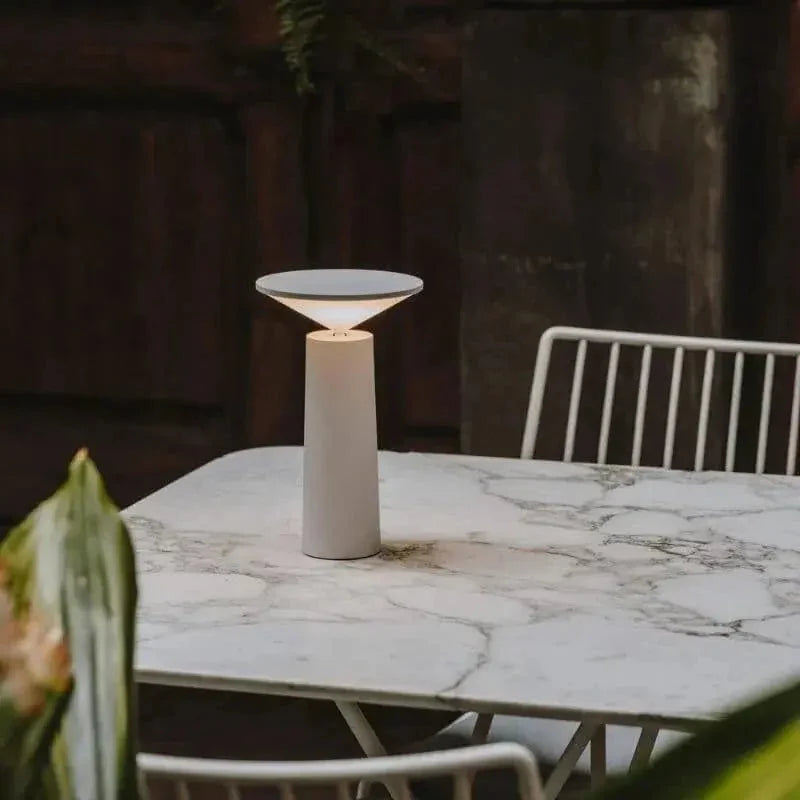 Cordless rechargeable LED table lamp with rotating head for camping and outdoor use