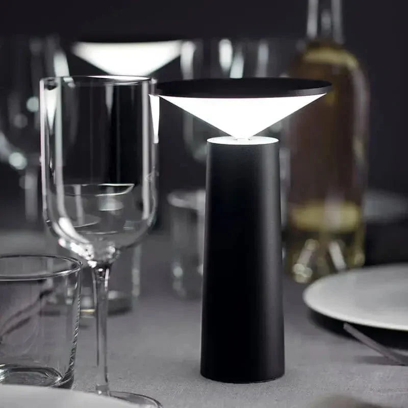 Cordless rechargeable LED table lamp with rotating head for camping and outdoor use