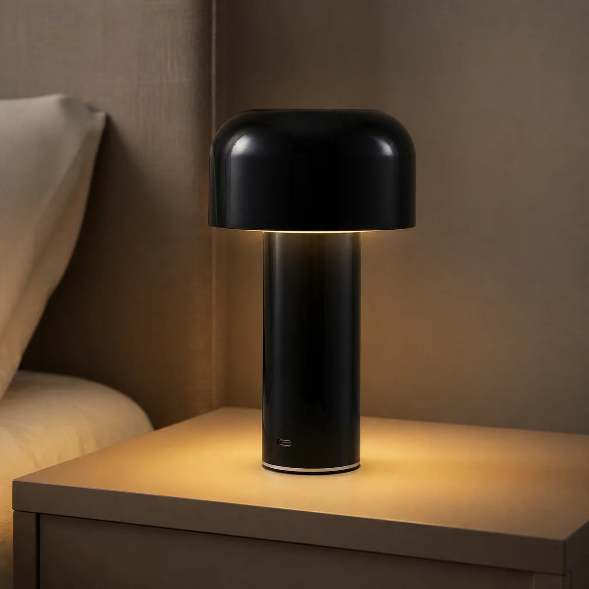 Black cordless mushroom lamp casting a warm glow on a bedside table