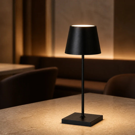 Black cordless restaurant table lamp glowing on a warm dining table