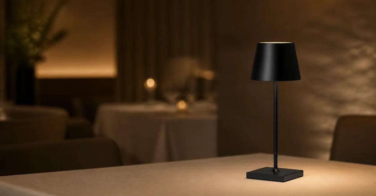 Cordless black restaurant table lamp in an elegant dining space