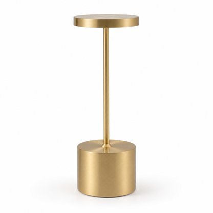 Gold IP54 cordless outdoor table lamp on a white background