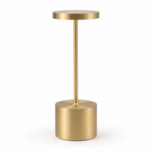 Gold IP54 cordless outdoor table lamp on a white background