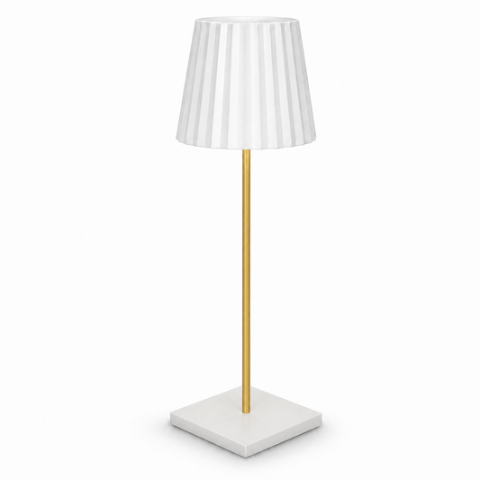 White IP65 cordless outdoor table lamp with gold stem on a white background