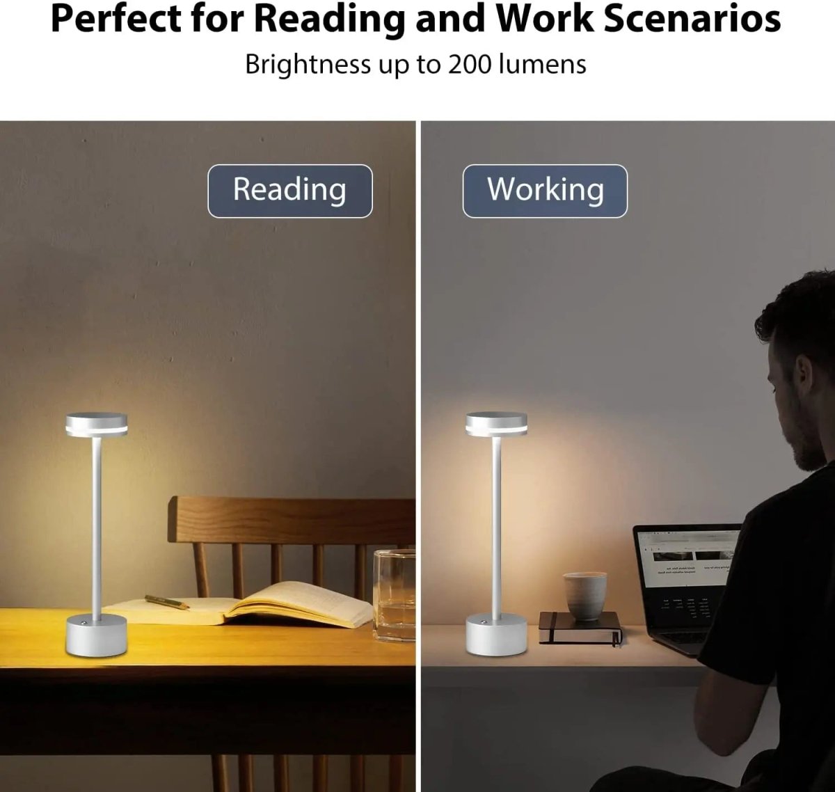Portable cordless table lamp with aluminum body and round shade for camping and outdoor use
