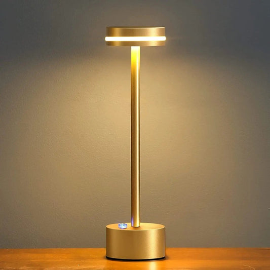 Portable cordless table lamp with aluminum body and round shade for camping and outdoor use
