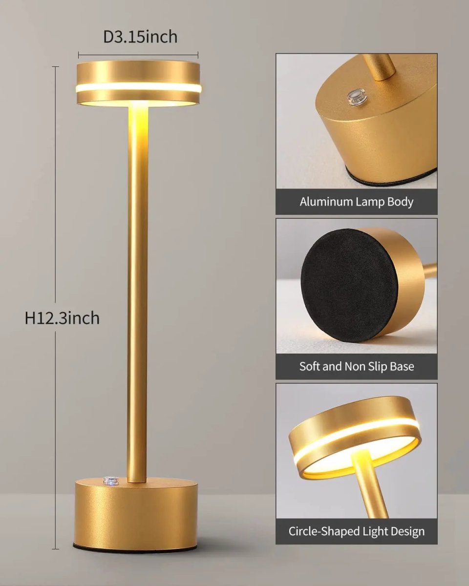 Portable cordless table lamp with aluminum body and round shade for camping and outdoor use