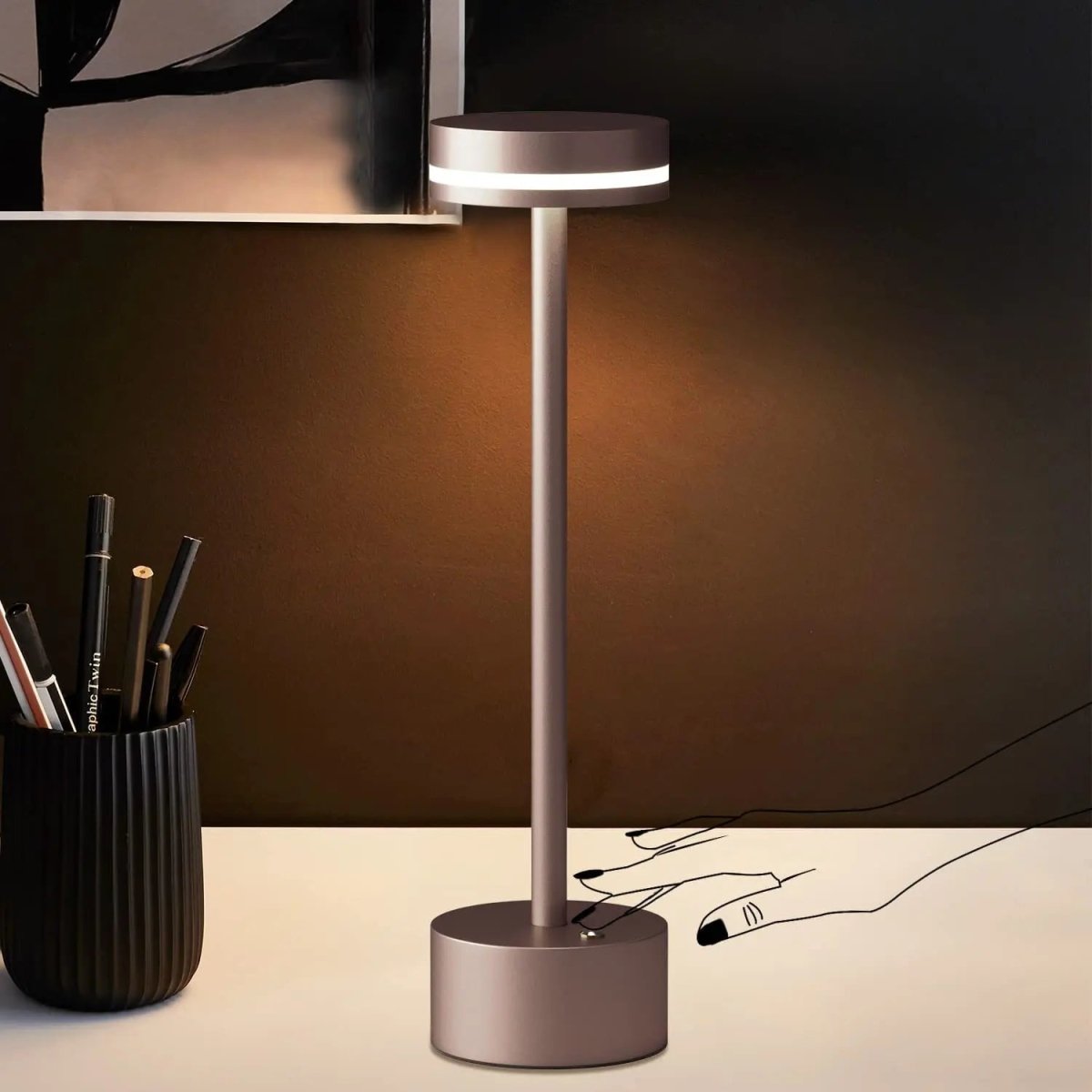 Portable cordless table lamp with aluminum body and round shade for camping and outdoor use