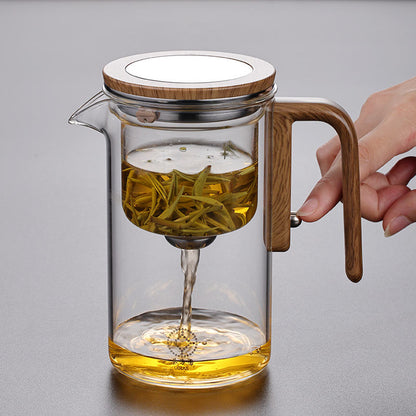 Glass teapot with one-press straining mechanism for loose-leaf tea