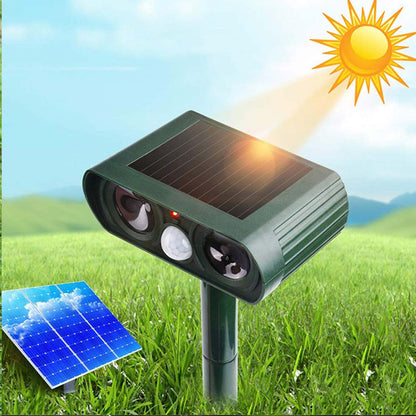 Solar-powered ultrasonic pest repeller for garden use