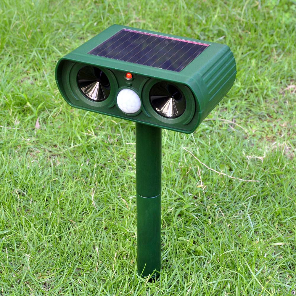 Solar-powered ultrasonic pest repeller for garden use