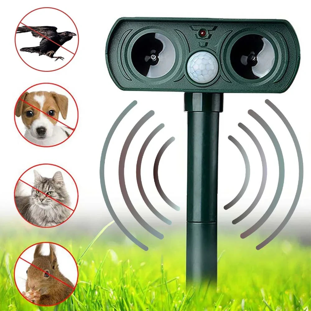 Solar-powered ultrasonic pest repeller for garden use