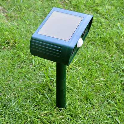 Solar-powered ultrasonic pest repeller for garden use